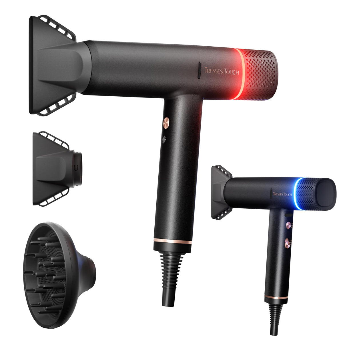 Tresses Touch hair dryer front view showing sleek professional design for fast at-home drying