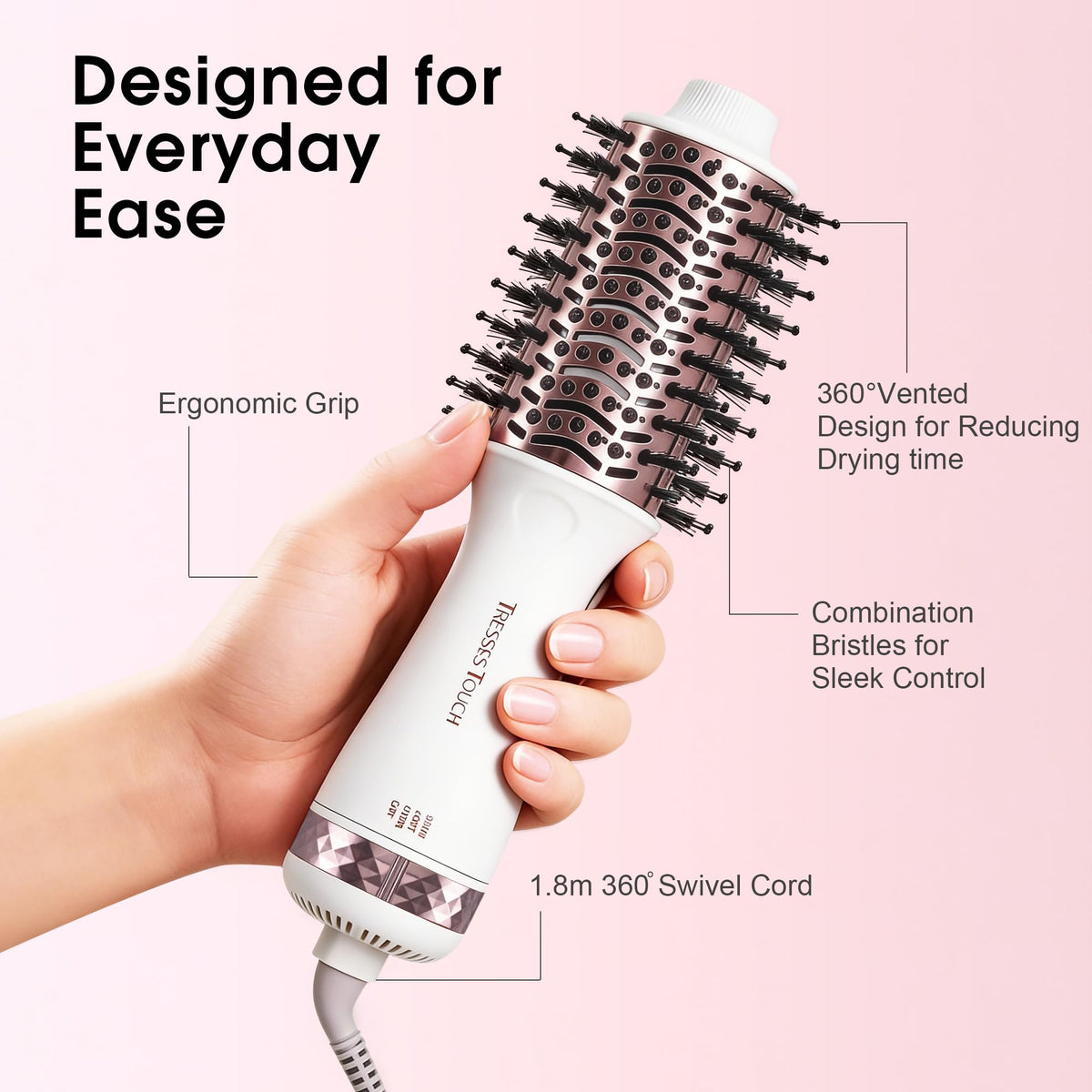 Tresses Touch nano-titanium barrel heats fast for smooth, frizz-free finishes.