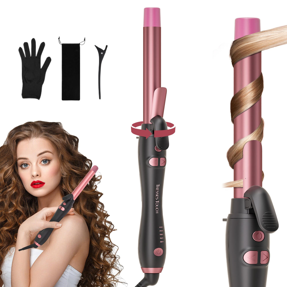 Tresses Touch rotating curling iron with 1-inch rose-gold barrel for at-home waves