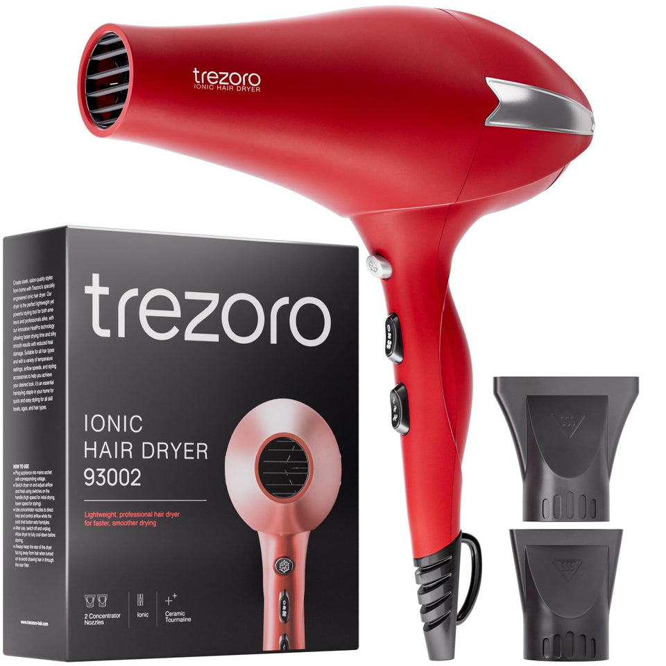 TREZORO Professional hair dryer front view with powerful airflow for efficient styling.