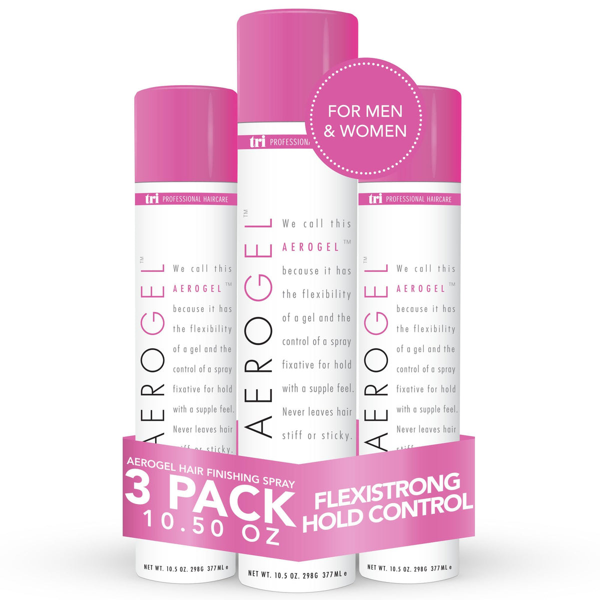 TRI DESIGN Aerogel hairspray bottle showing flexible hold and shine