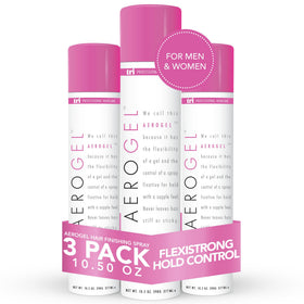 TRI DESIGN Aerogel hairspray bottle showing flexible hold and shine