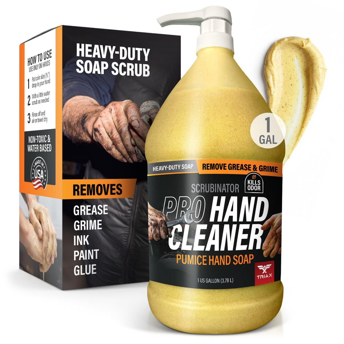Triax Scrubinator hand scrub action removes heavy grease while protecting skin.