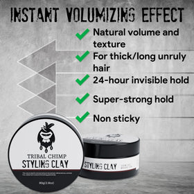 Tribal Chimp styling clay demonstrated for instant volume and thickness in hair.
