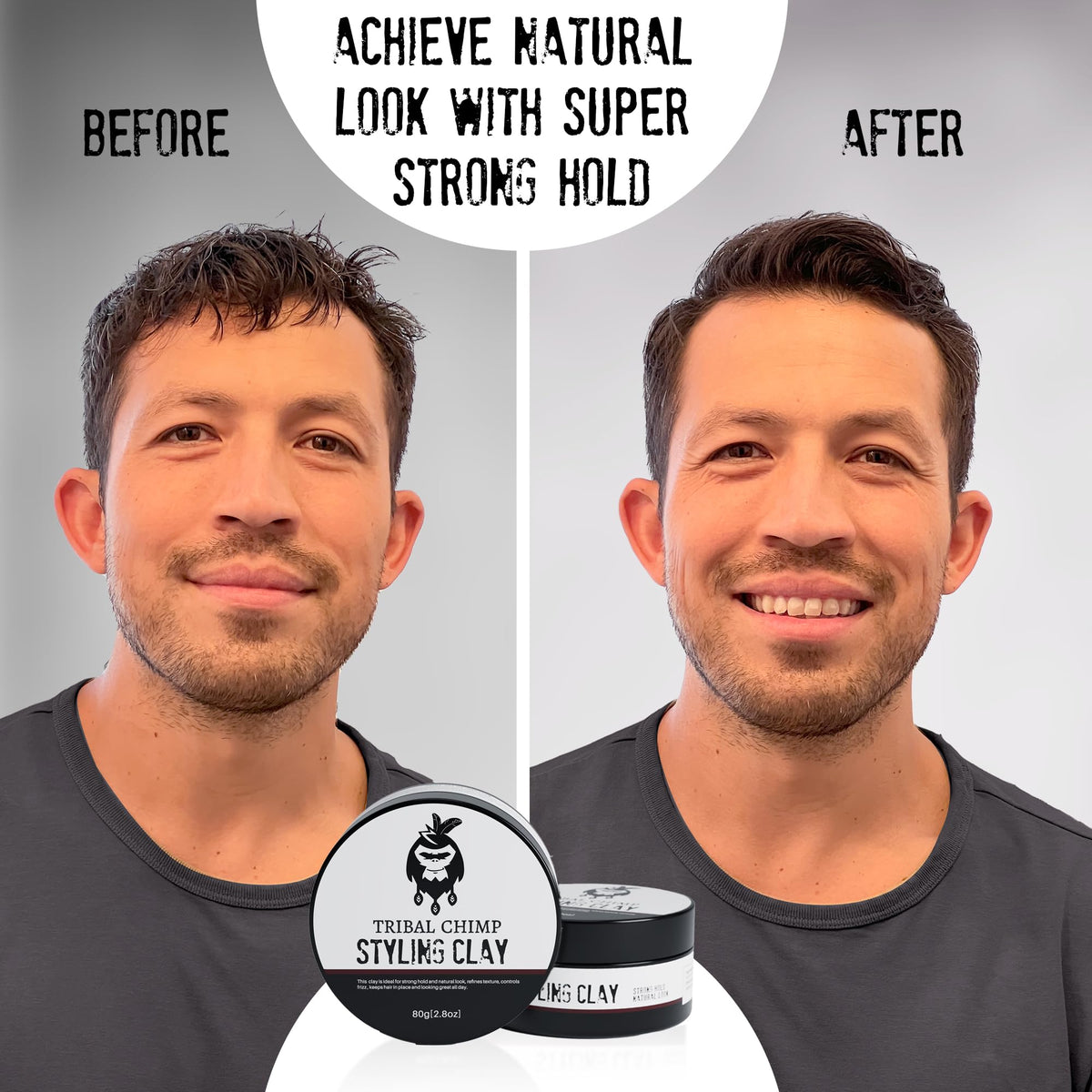 Tribal Chimp non-sticky formula shown for easy application and controlled styling.