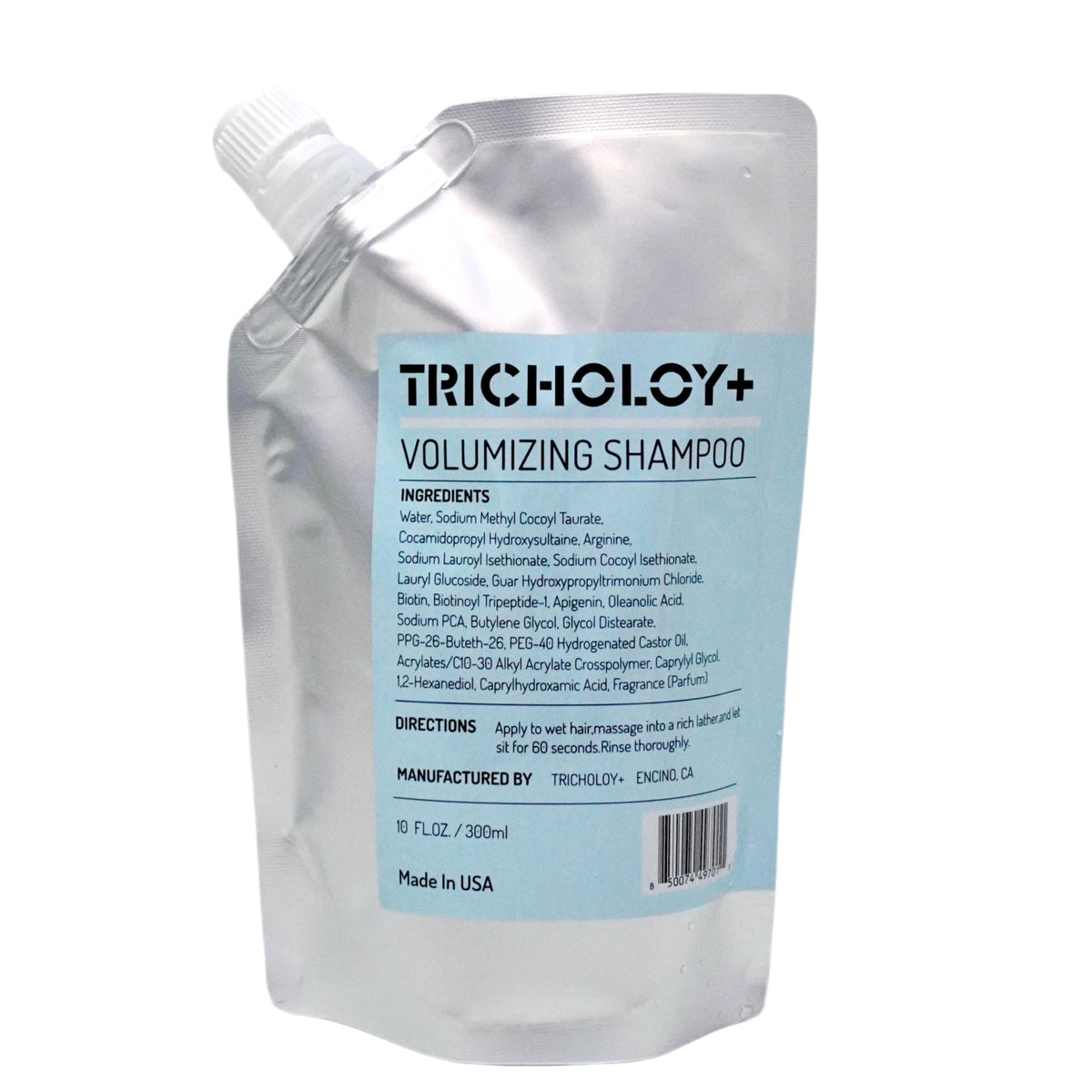 Tricholoy+ Volume Shampoo bottle close-up highlighting root lift promise.