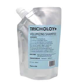 Tricholoy+ Volume Shampoo bottle close-up highlighting root lift promise.