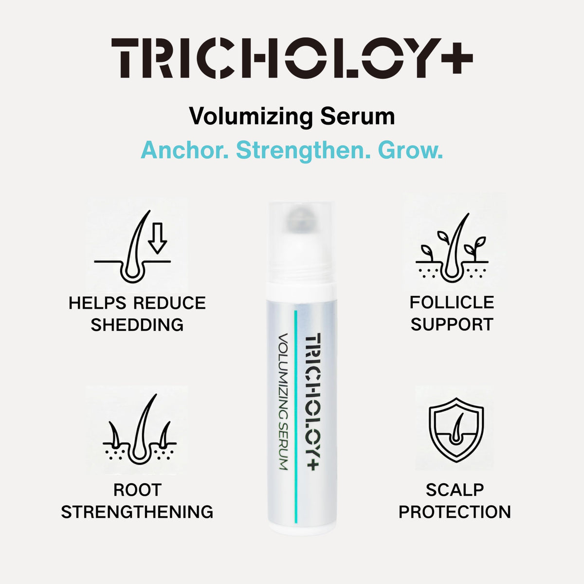 Tricholoy+ serum bottle highlighting rosemary infusion for scalp nourishment.