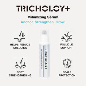 Tricholoy+ serum bottle highlighting rosemary infusion for scalp nourishment.