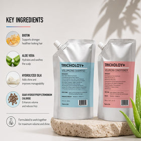 Tricholoy+ Volumizing Shampoo closeup highlights scalp care formula.