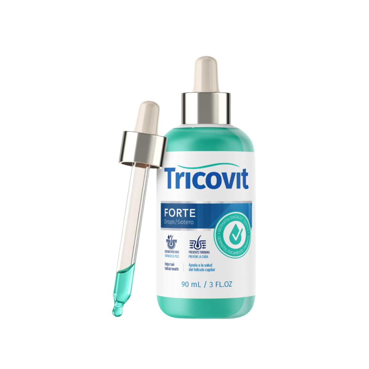 Tricovit Forte Drops bottle close-up, showcasing a professional scalp treatment design for dry scalp relief.