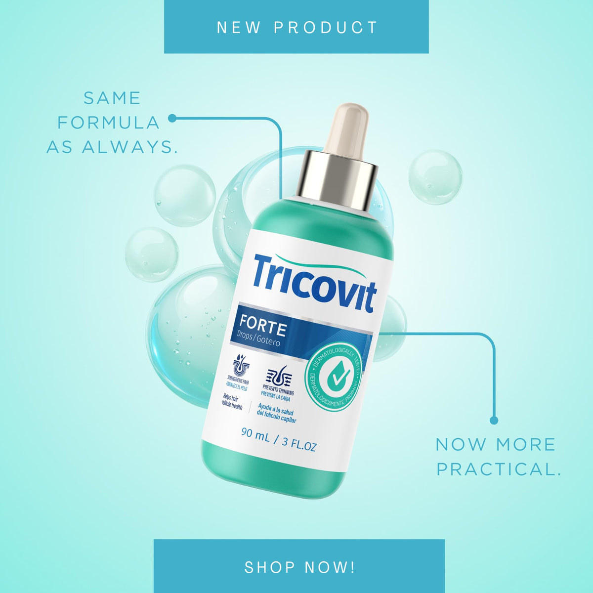 Tricovit Forte Drops dropper application demonstrating easy scalp dosing for thinning areas.