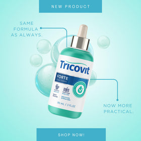 Tricovit Forte Drops dropper application demonstrating easy scalp dosing for thinning areas.