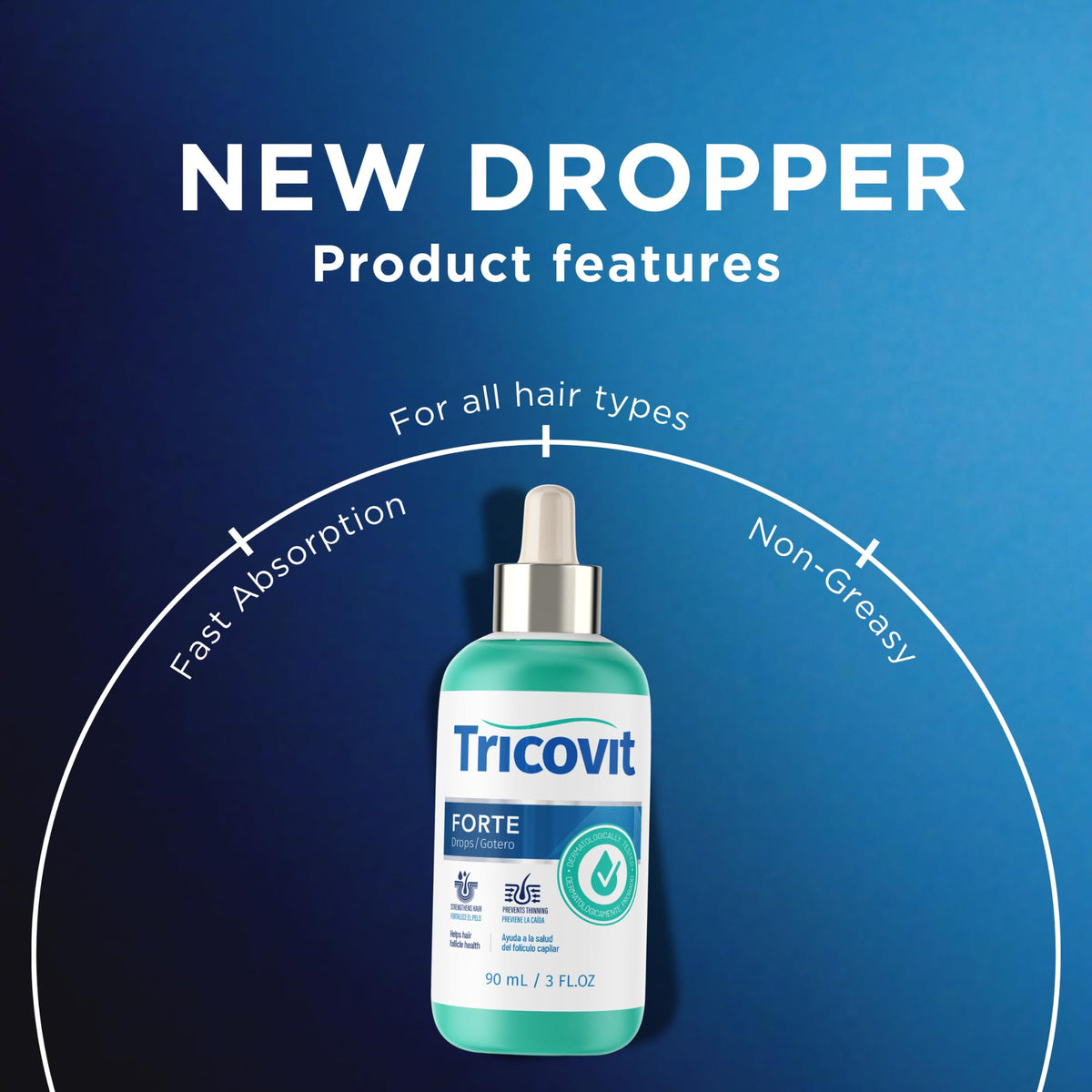 Tricovit Forte Drops hands applying shows a lightweight, non-greasy serum absorbed quickly.