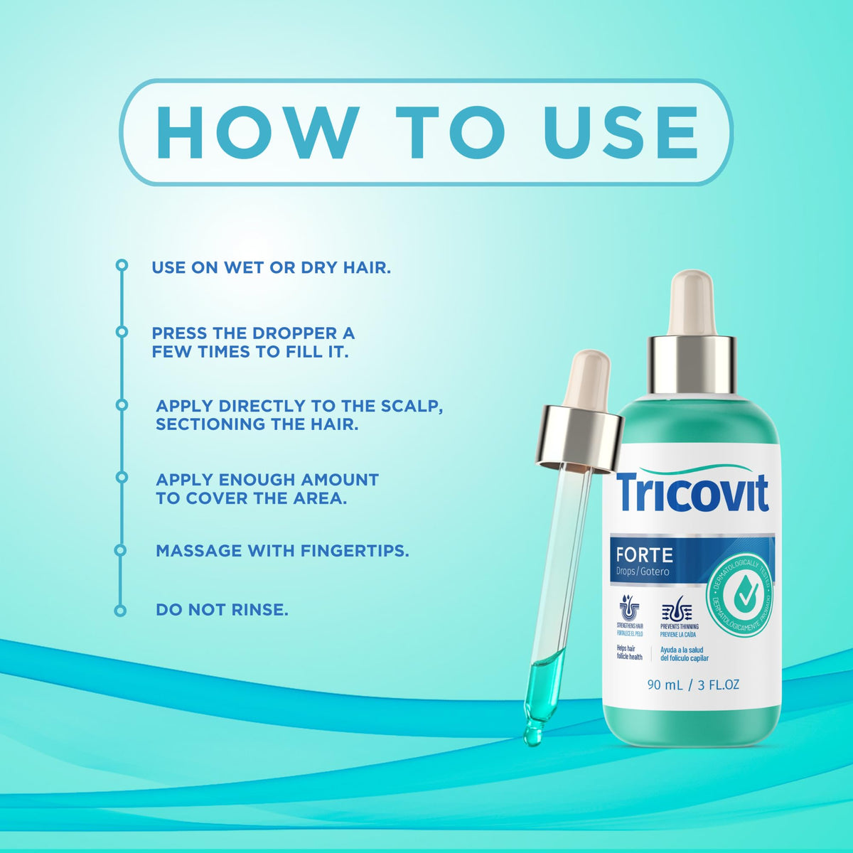 Tricovit Forte Drops scalp application highlighting nourishing formula for balanced sebum and hydration.