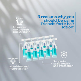 Tricovit Forte packaging signals premium scalp care and thinning hair support.