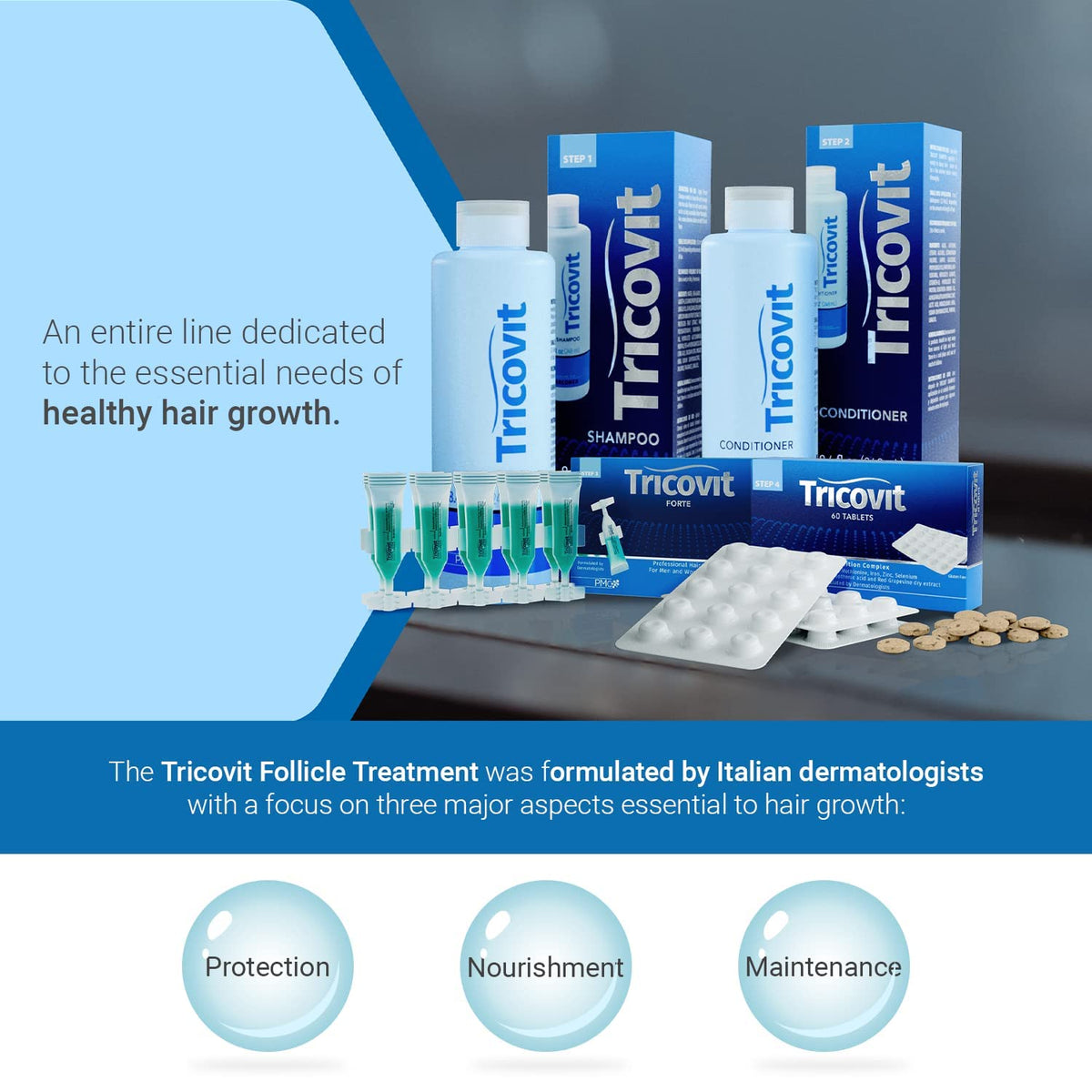 Tricovit Forte routine setup demonstrates easy thrice-weekly use.