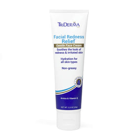 TriDerma facial redness relief cream packaging shows travel-friendly size for on-the-go care