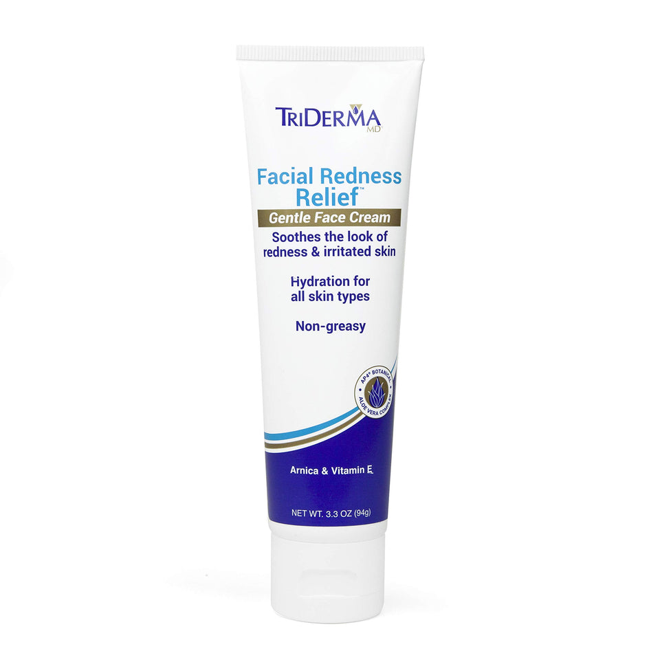 TriDerma facial redness relief cream packaging shows travel-friendly size for on-the-go care