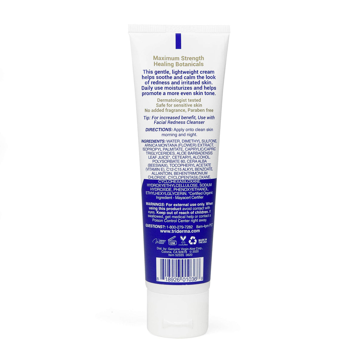 Travel-sized TriDerma skincare bag with redness relief cream