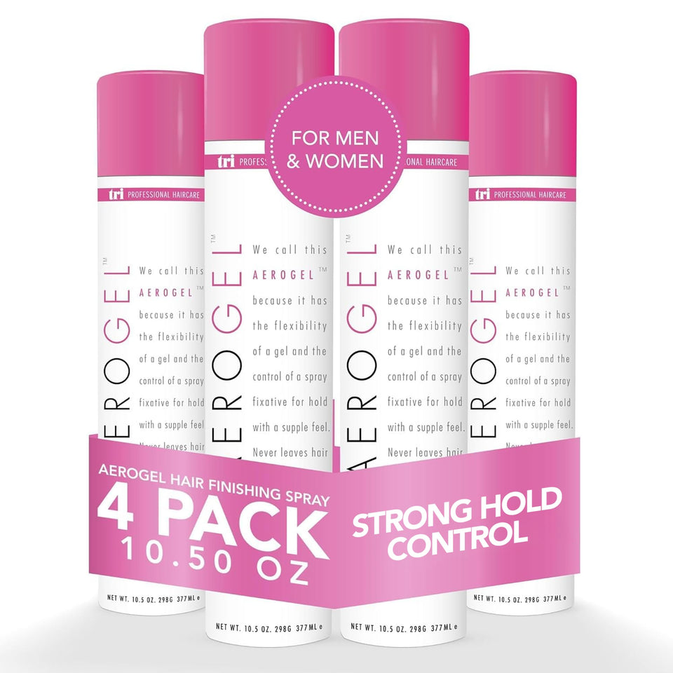 TRIDESIGN Aerogel Hairspray bottle front showing strong, flexible hold.