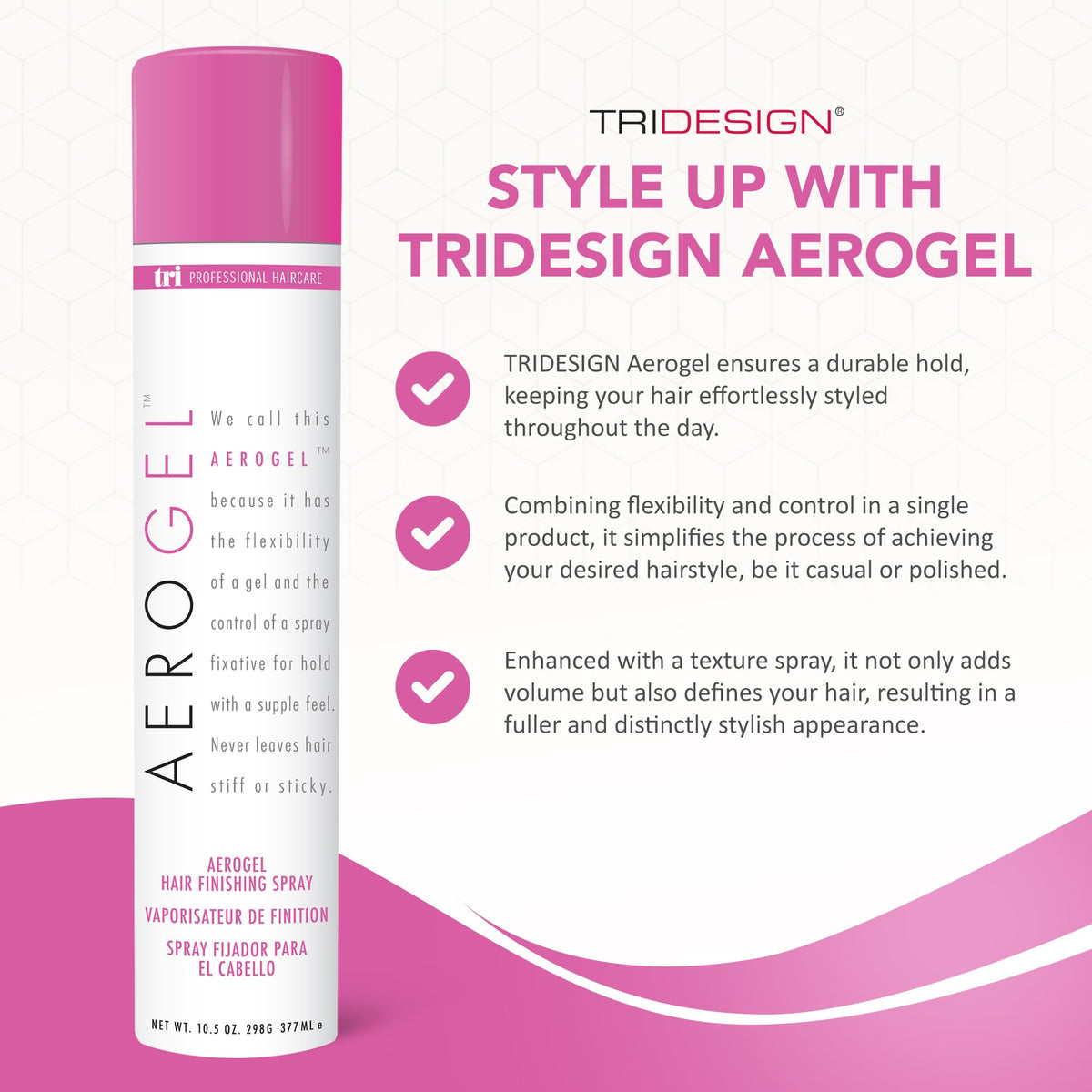 TRIDESIGN Aerogel Hairspray mist demonstrates even application for lift.