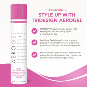 TRIDESIGN Aerogel Hairspray mist demonstrates even application for lift.