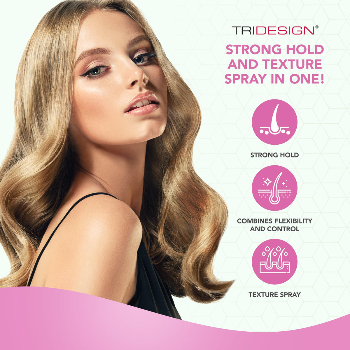 TRIDESIGN Aerogel Hairspray nozzle closeup highlights fine mist and non-sticky finish.