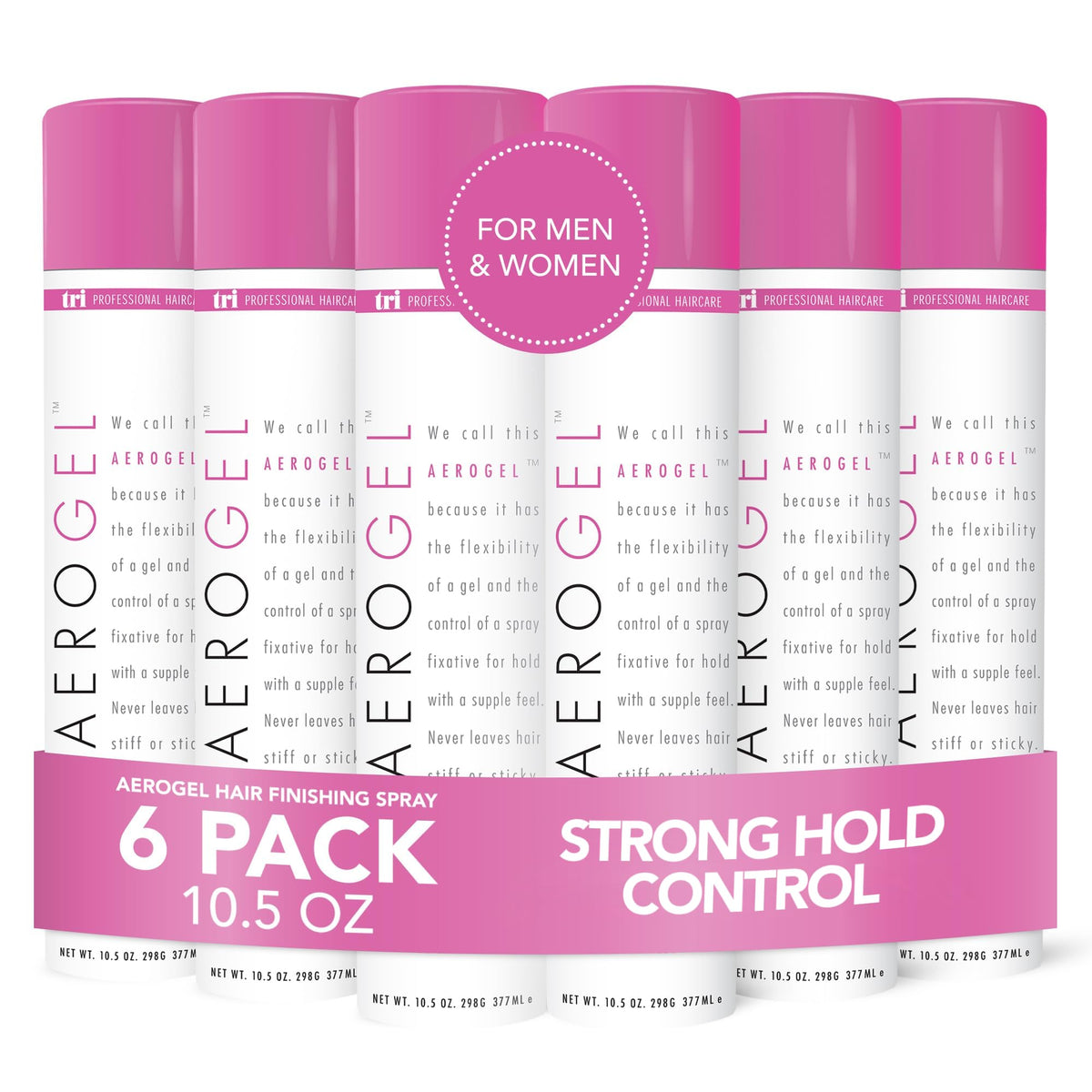 TRIDESIGN Aerogel hairspray bottle shows strong hold with touchable finish.
