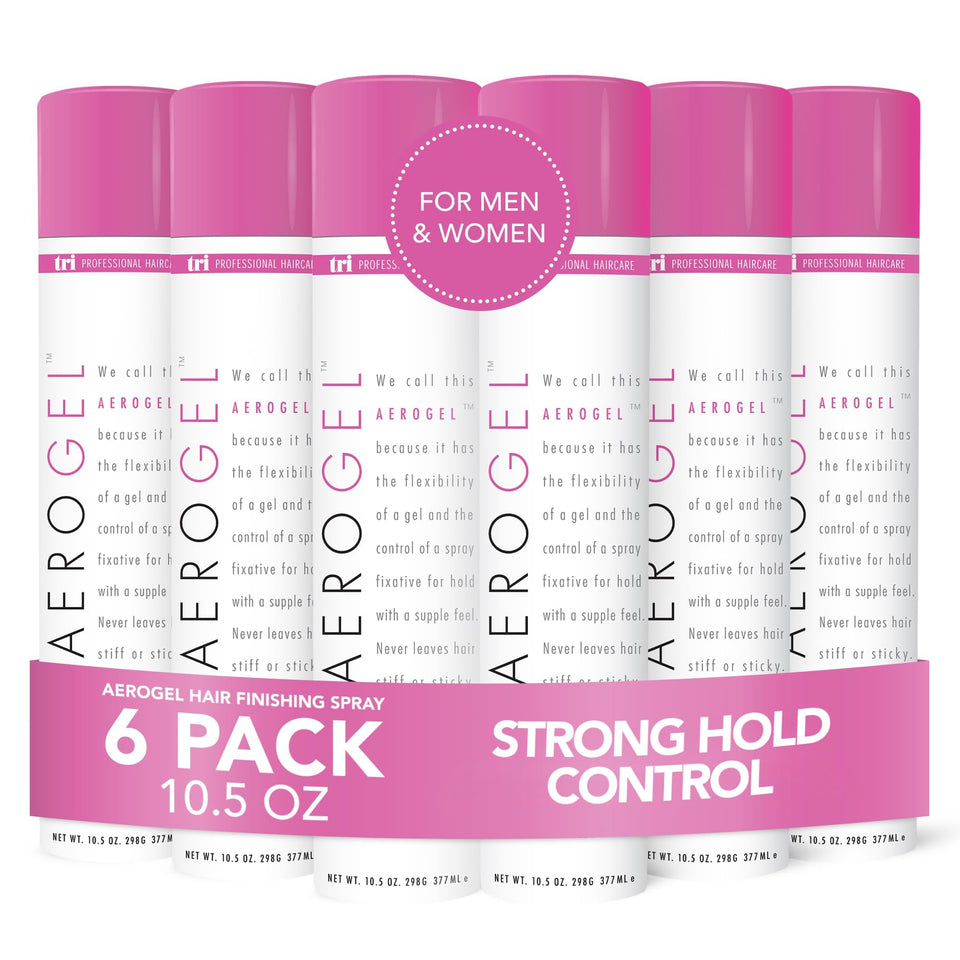 TRIDESIGN Aerogel hairspray bottle shows strong hold with touchable finish.