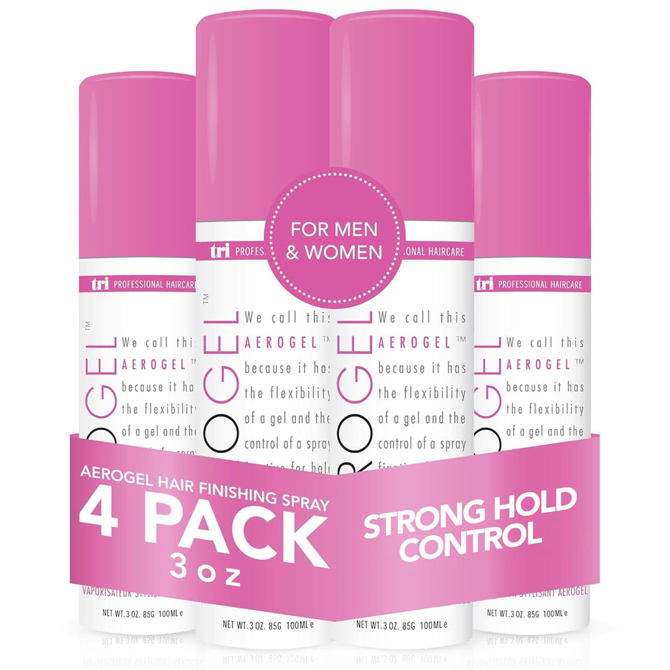 TRI Design Aerogel hairspray bottle delivering a strong, long-lasting hold.