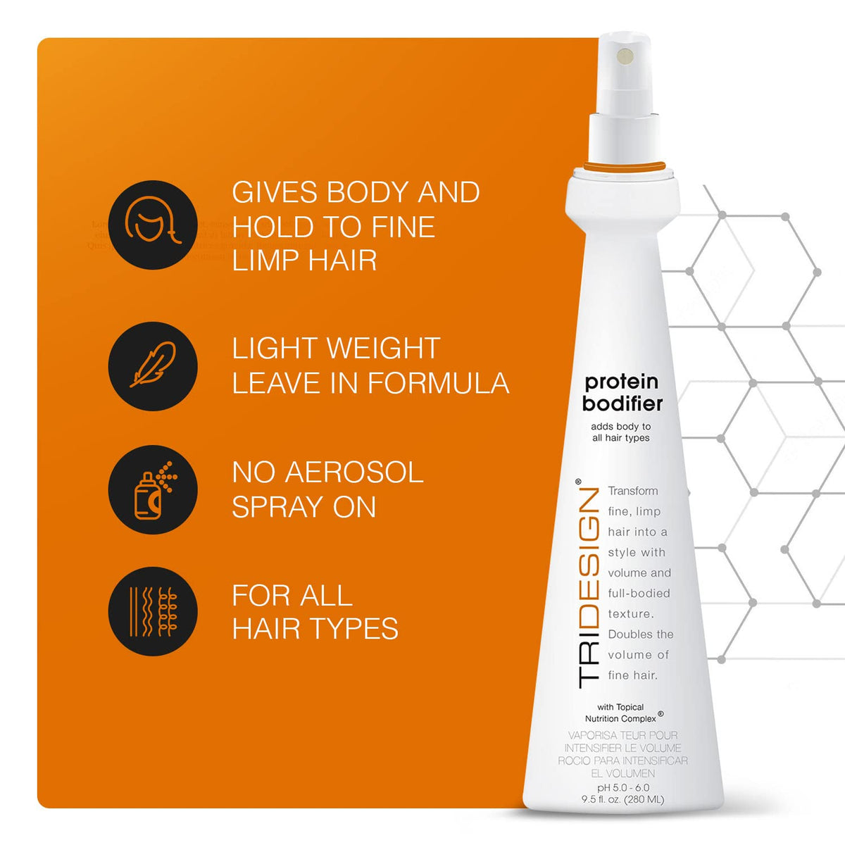 TRI Design Protein Bodifier dispense action shows even spray distribution for smooth volume.