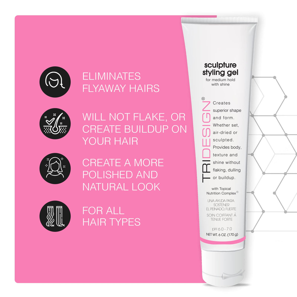 TRIDESIGN Sculpture Gel strong hold close up for versatile styling.