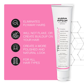 TRIDESIGN Sculpture Gel strong hold close up for versatile styling.