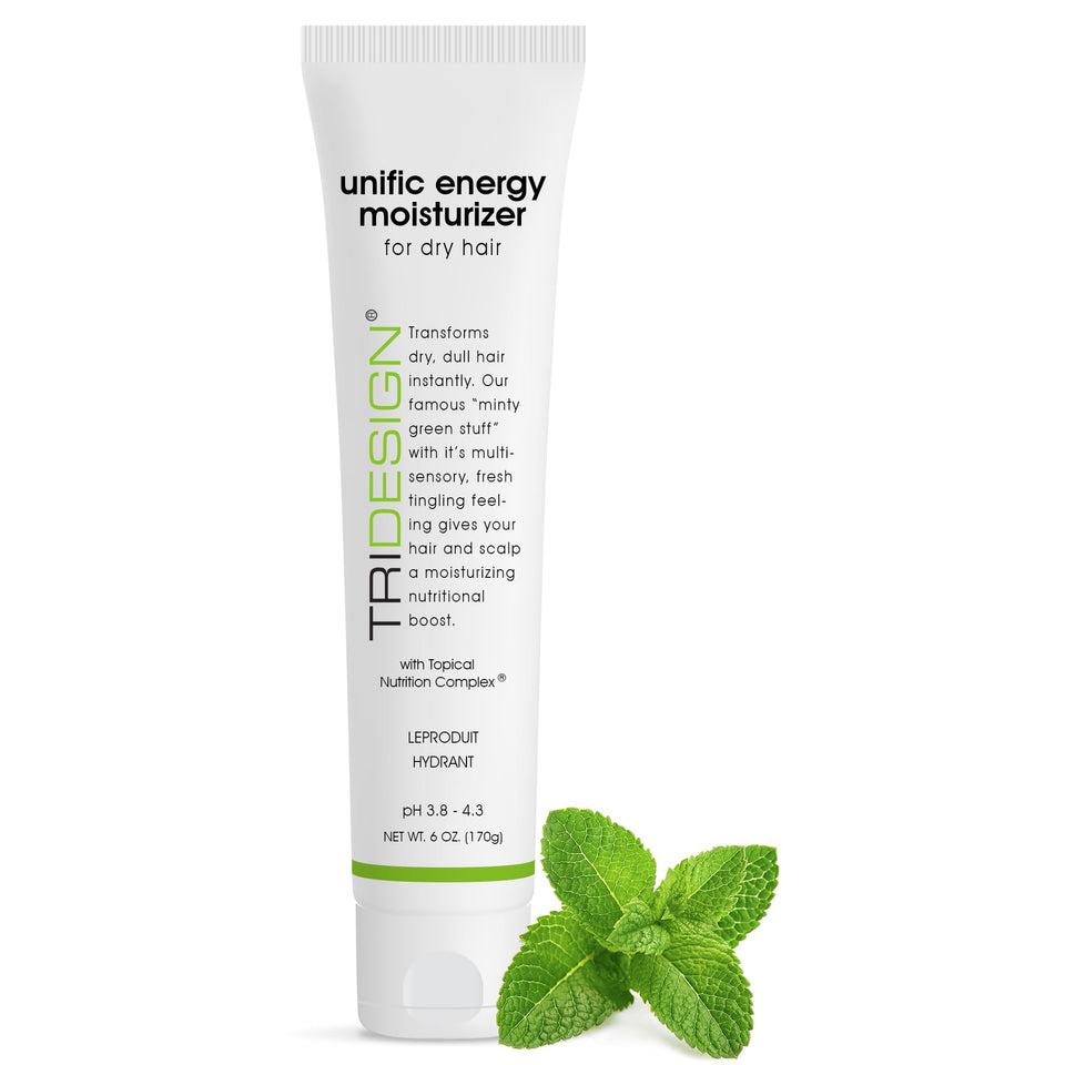 TRIDESIGN Unific Energy bottle front view for curls and frizz control.