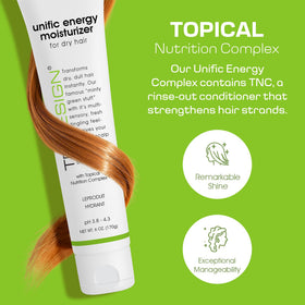Close-up of Unific Energy cream texture highlighting smoothing, nourishing formula.