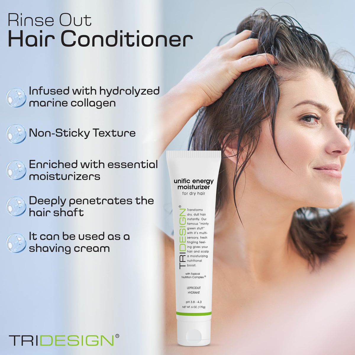 TRIDESIGN Unific Energy suitable for color-treated or dry hair, delivering hydration and frizz reduction.