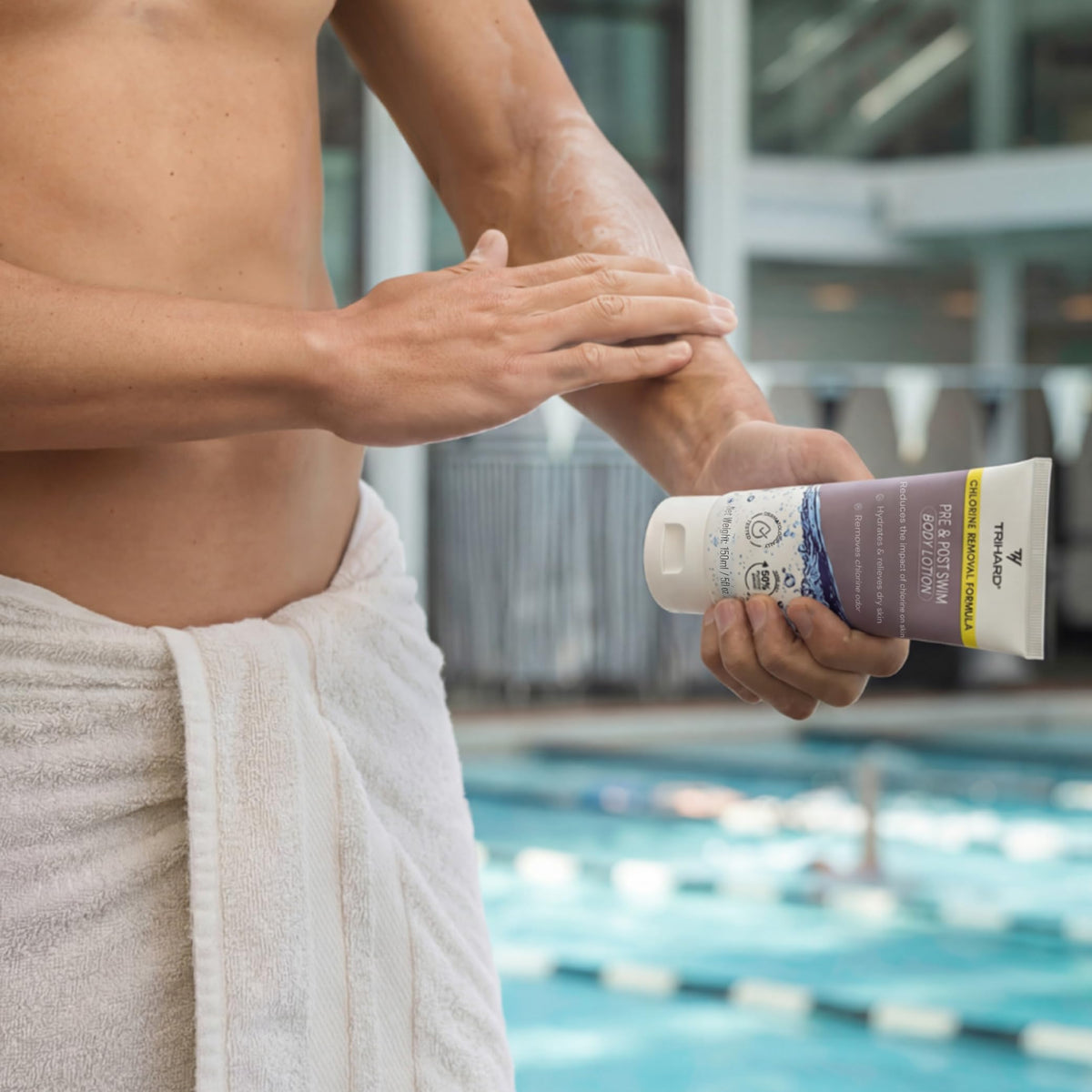 TRIHARD Chlorine Defense pre-swim application demonstrates protective layer before pool exposure