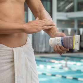 TRIHARD Chlorine Defense pre-swim application demonstrates protective layer before pool exposure