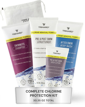 TRIHARD Chlorine Defense pre-swim shampoo bottle ready for cleansing before laps.