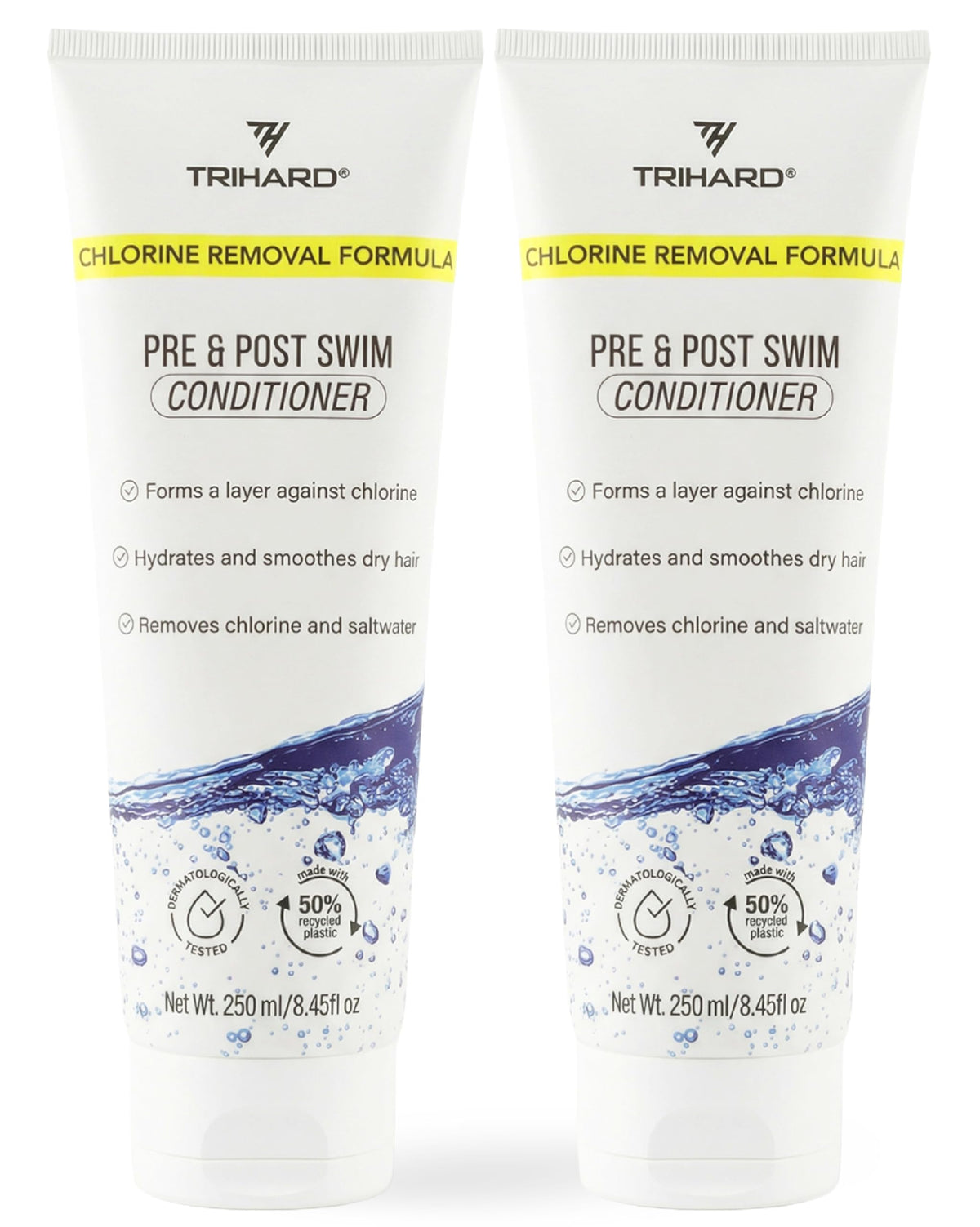 TRIHARD Chlorine Defense bottle shows pre-swim protection and hydration.
