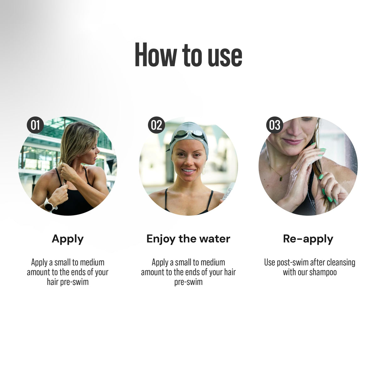 TRIHARD hand applying conditioner to dry hair for pre-swim protection.