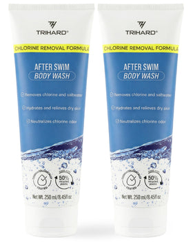 TRIHARD chlorine removal body wash after-swim bottle soothes and refreshes sensitive skin.