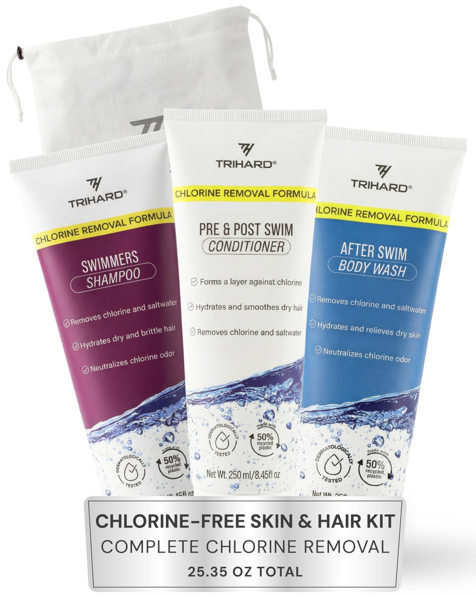 TRIHARD shampoo bottle from the bundle, helping refresh hair after chlorine exposure.