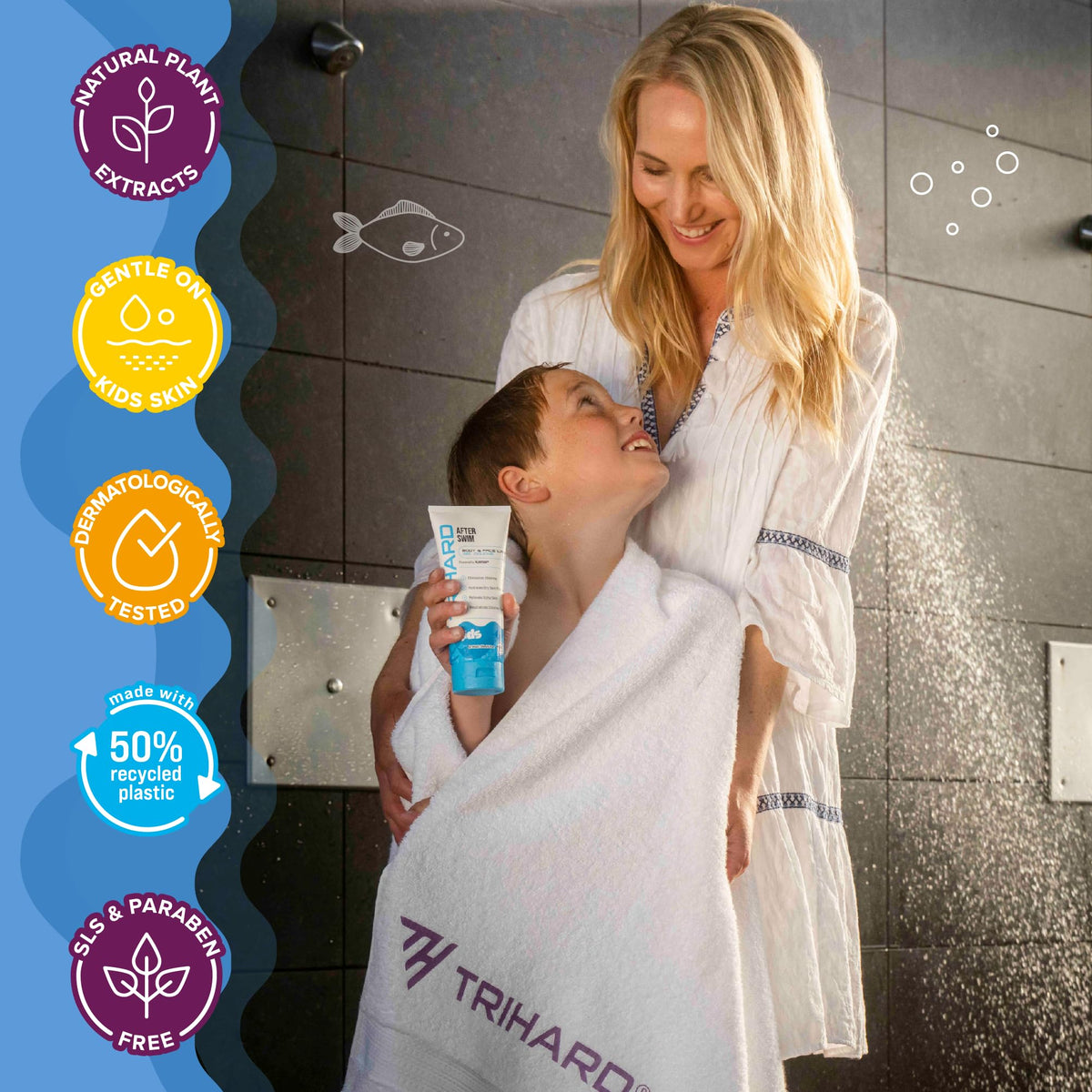 TRIHARD Kids Swim Wash packaging shot communicates paraben-free and cruelty-free safety