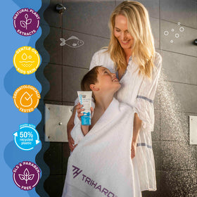 TRIHARD Kids Swim Wash packaging shot communicates paraben-free and cruelty-free safety