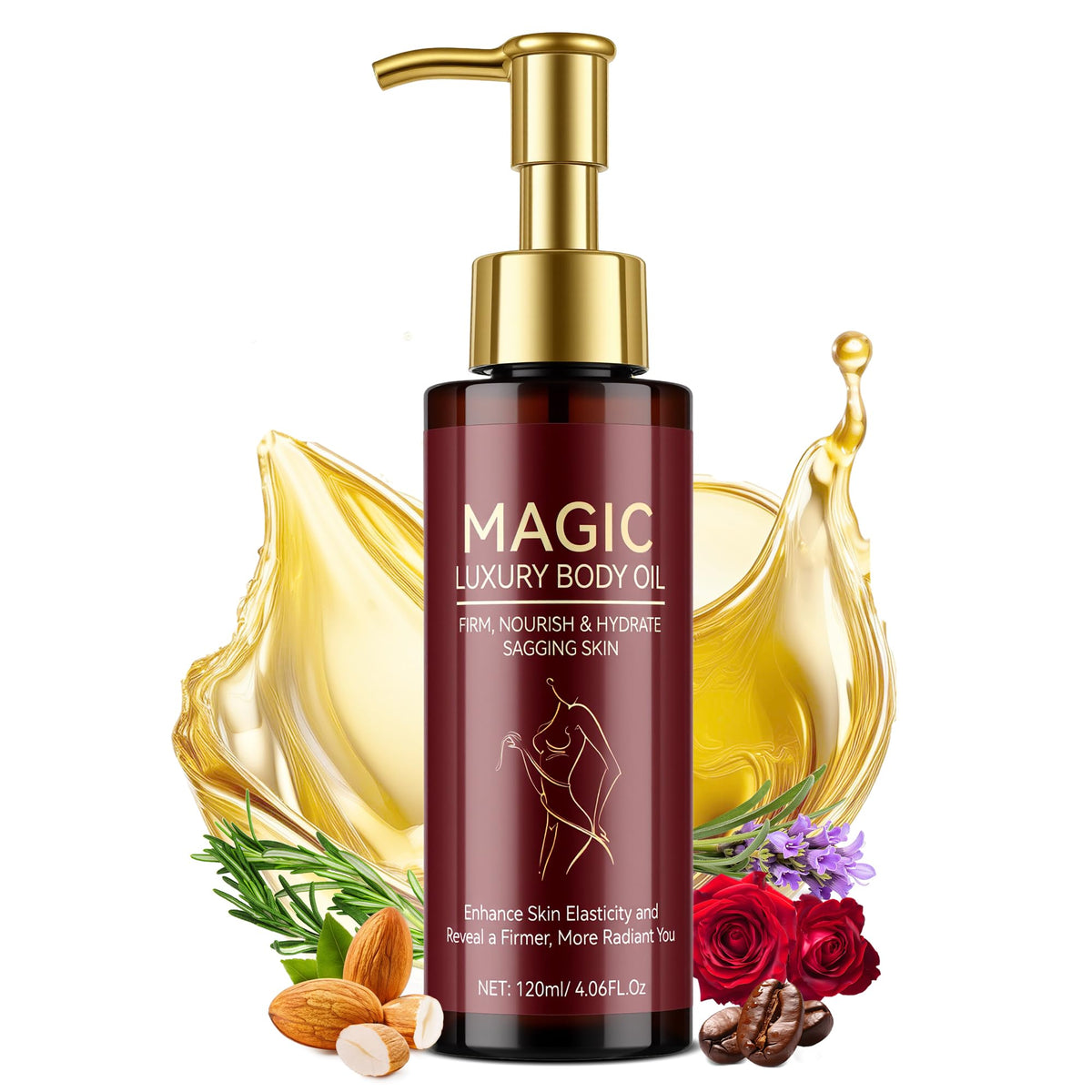 Trihood Body Firming Oil bottle front, premium packaging for full-body care.