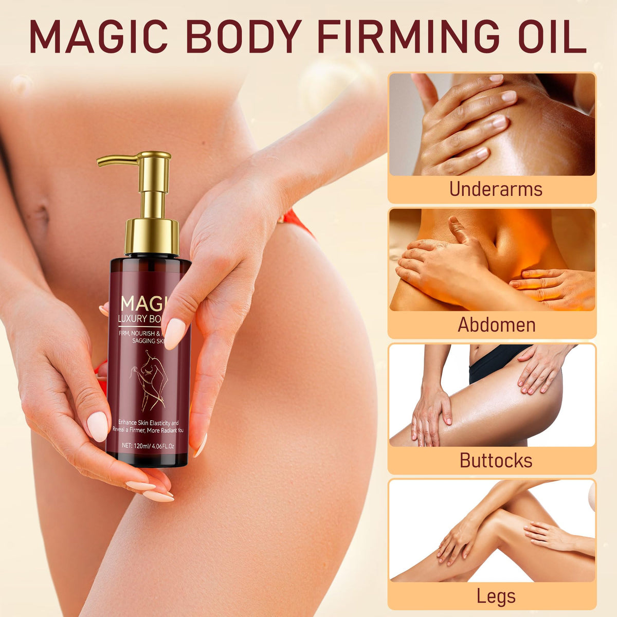 Hands applying Trihood Body Firming Oil to skin for quick absorption.