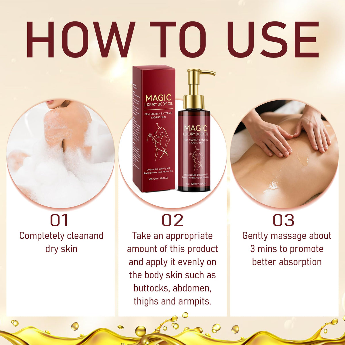 Trihood Body Firming Oil on skin, silky, non-greasy finish.