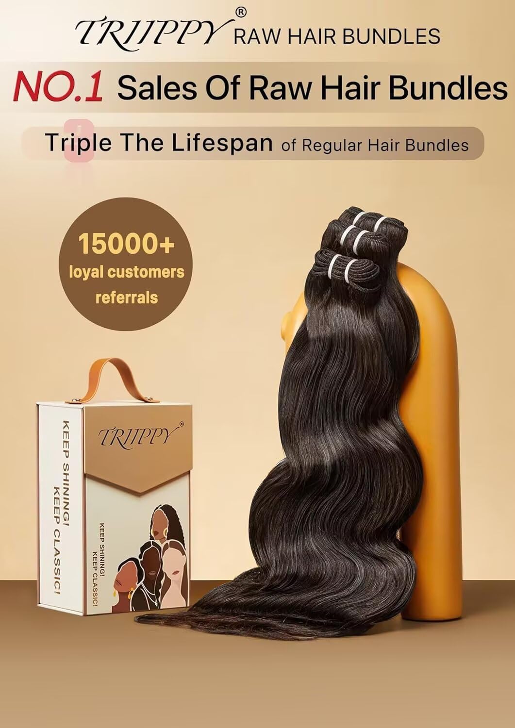 Triippy Body Wave Bundles 18-inch Cambodian raw hair for long-lasting volume.